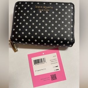 Kate Spade Spencer Metallic Dot Zip Card Holder Wallet Black Silver Zip